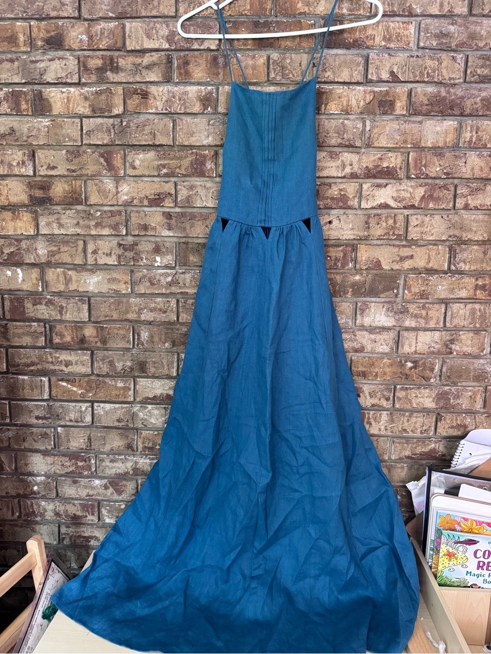 Yaly couture teal 100% linen cut out maxi dress